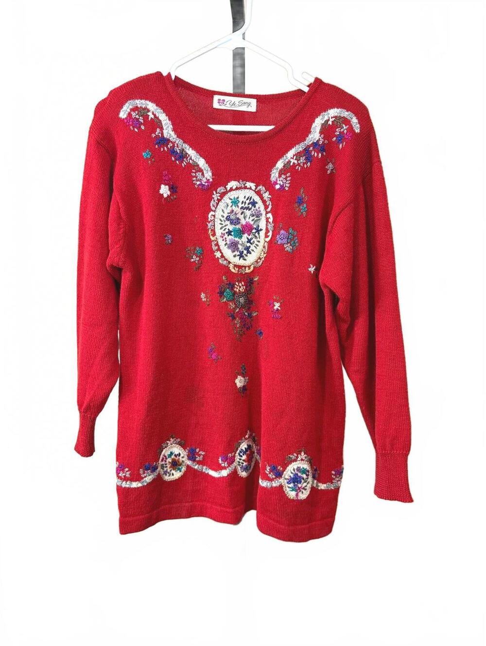 Vintage Grannycore Floral Red Embroidered Beaded Sweater